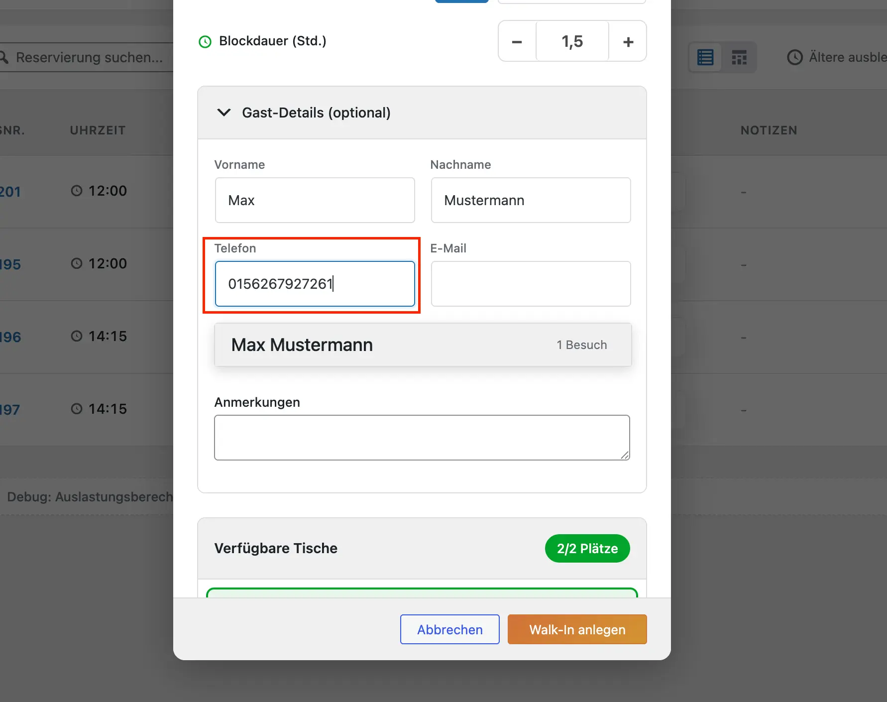 Vorschau Tischreservierung 2
