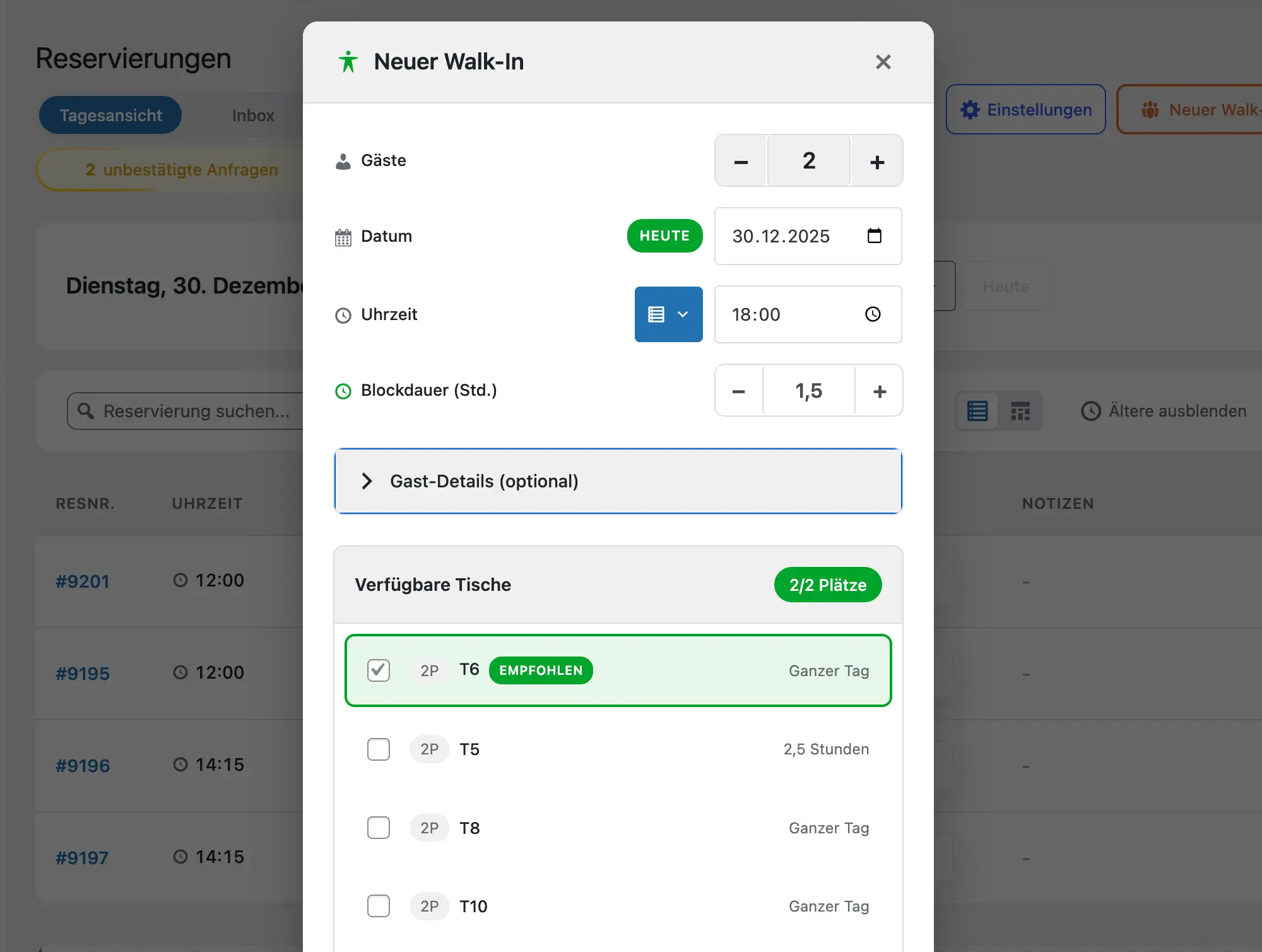 Vorschau Tischreservierung 2