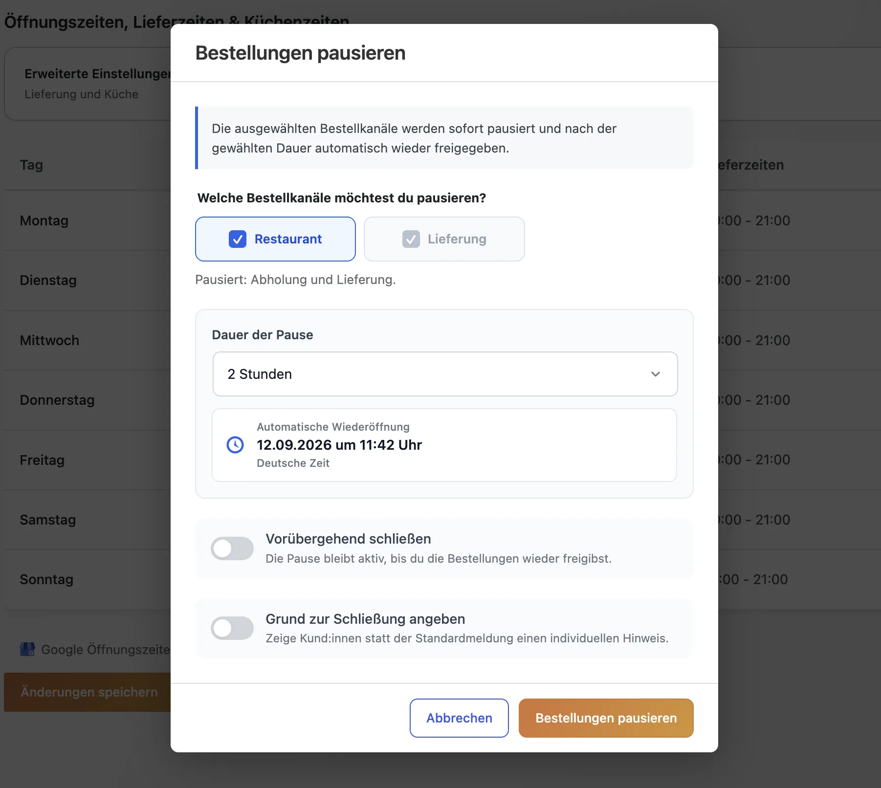 Einstellungen zum zeitlich begrenzten Pausieren von Bestellungen