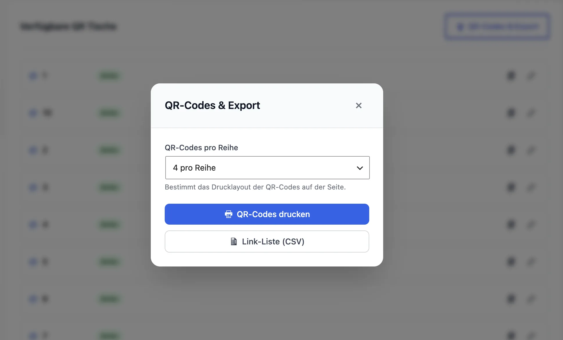 Dialog zum Drucken oder Exportieren von QR-Codes