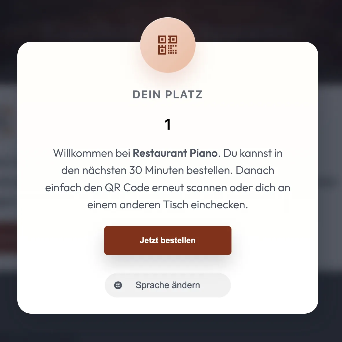 Willkommensseite für eine QR-Tischbestellung
