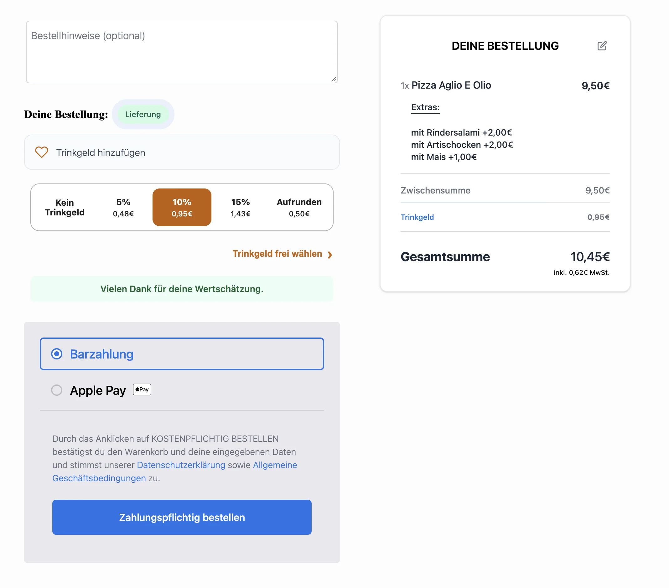 Checkout mit auswählbarem Trinkgeld und Bestellübersicht